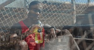 Animation of cityscape over african american male athlete drinking water during exercise. sport, active and healthy lifestyle concept digitally generated video.