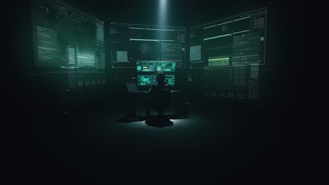 Minimalistic concept shot hacker surrounded by programming codes interface in a dark ambient cyber space, sitting at a table with four monitors doing a hacking attack steals secret or government data.