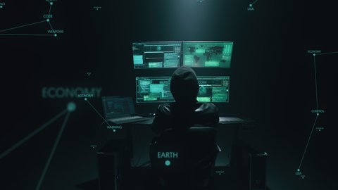 Conceptual shot of a hacker who commits a massive terrorist cyber attack, a crime to influence politics or steal personal data or government secrets