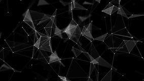 Plexus of lines and dots. Connected particles. Network geometry background. 3d rendering. 4K video. Seamless loop.