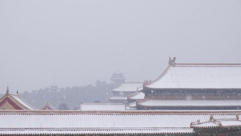 Roofs of Imperial halls are covered with heavy snow, Forbidden City, China.