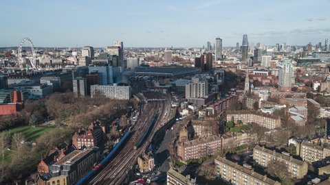 Establishing Aerial View Shot of London UK, United Kingdom, day, clear sky, stunning view