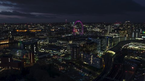 Establishing Aerial View Shot of London UK, United Kingdom, Lambeth at night