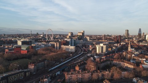 Establishing Aerial View Shot of London UK, United Kingdom in Golden Light