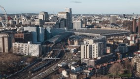 Establishing Aerial View Shot of London UK, United Kingdom, long lens capturing day