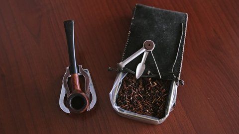 Traditional Smoking Pipe with Pouch and Can of Dried Tobacco Leaves and Reamer Tamper Pokers Tool Accessories