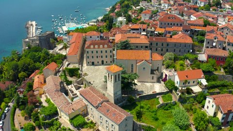 Aerial view Belavista Square on Herceg Novi old town in Bay of Kotor, Montenegro