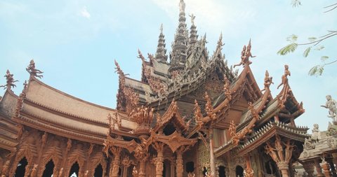Pattaya, Thailand, February 2022 : Sanctuary of Truth (Prasat Sut Ja-Tum), beautiful wooden temple by the sea on the outskirts of Pattaya Thailand, Amazing Thailand travel concept.