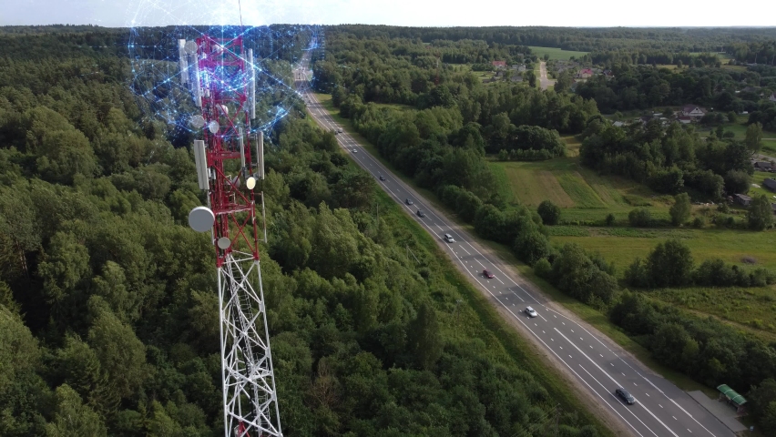 Aerial view of a telecommunications antenna transmitting signals and collecting information about electronic smart self-driving cars. Concept:Car Scan, GPS Tracking, Smart Roads, IoT, Traffic Control Royalty-Free Stock Footage #1086983009