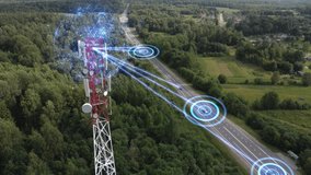 Aerial view of a telecommunications antenna transmitting signals and collecting information about electronic smart self-driving cars. Concept:Car Scan, GPS Tracking, Smart Roads, IoT, Traffic Control - Powered by Shutterstock - Get 15% off with code: PIKWIZARD15
