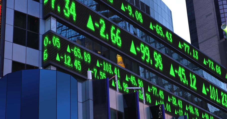 A view of an up stock market ticker. Numbers are fictional and do not represent any particular stock. Bull market concept.	 Royalty-Free Stock Footage #1086983186