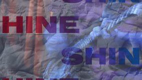 Animation of shine text in purple, over midsection of person playing guitar. social network and global communication technology concept digitally generated video.