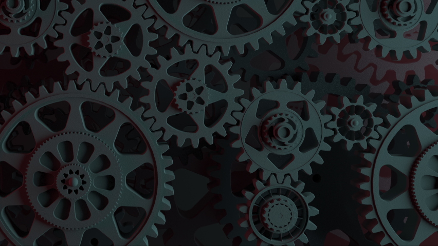 Black Gears Smooth Rotation.Looped 3d Animation. Abstract Workflow. The concept of business and teamwork technologies. Cold foggy background