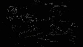Animation of vintage clock over mathematical equations on black background. learning and science concept digitally generated video.