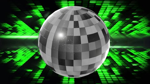 Animation of flashing green lights and rotating mirror ball on black background. celebration, party, disco and event concept digitally generated video.