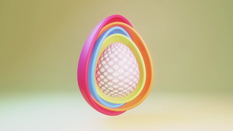 Colorful egg shell and dotted egg rotate on a bright background. 3D render of a happy easter egg. Animation in 4K.
