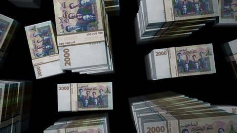 Algeria Dinar money notes packs loop. 3D flight over DZD banknotes stacks towers. Loopable seamless abstract background concept of business, economy crisis and finance.