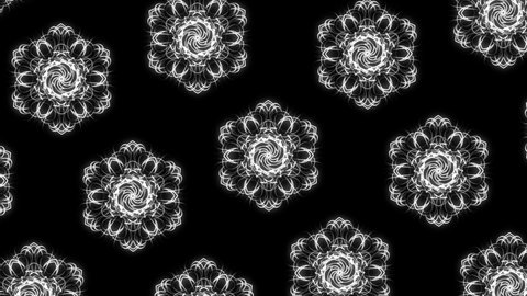 Animation movement and rotation mandalas in shiny glowing grey color on dark black background. High quality FullHD footage