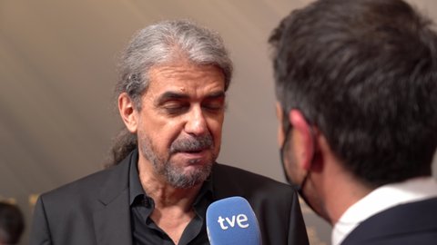 the film director, Fernando León de Aranoa, is interviewed by Spanish Television on the red carpet of the 36th Goya Awards. Valencia, Spain, February 12, 2022.
