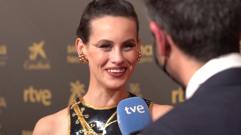 The actress Milena Smit is interviewed by Spanish Television on the red carpet of the 36th Goya Awards. Valencia, Spain, February 12, 2022.
