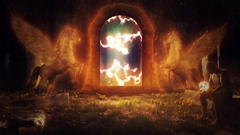 The Door of Pegasus in the Secret Forest with Fog and Flames - Loop Ancient Stargate Landscape