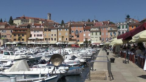 Rovinj, Croatia. - July 9, 2021. Yachts and panorama of the city.
