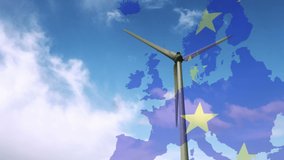 Animation of european union flag over map of europe and rotating wind turbine on cloudy blue sky. european union energy and economy concept digitally generated video. - Powered by Shutterstock - Get 15% off with code: PIKWIZARD15