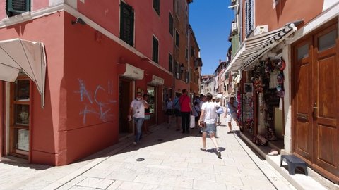 Rovinj, Croatia. - July 9, 2021. Tourists on Carera Street.