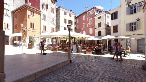 Rovinj, Croatia. - July 9, 2021. G. Matteotti Square and Balbi Arch.