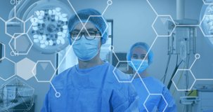 Animation of chemical compounds over surgeons in face masks in operating theatre. medicine and healthcare services concept digitally generated video.