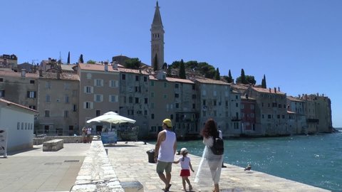 Rovinj, Croatia. - July 9, 2021. View of Church of St. Euphemia from the waterfront.