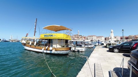 Rovinj, Croatia. - July 9, 2021. Fishing boats at the pier.
