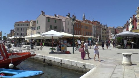 Rovinj, Croatia. - July 9, 2021. Tourists on the embankment.