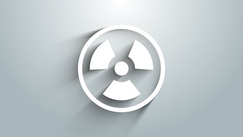 White Radioactive icon isolated on grey background. Radioactive toxic symbol. Radiation Hazard sign. 4K Video motion graphic animation.