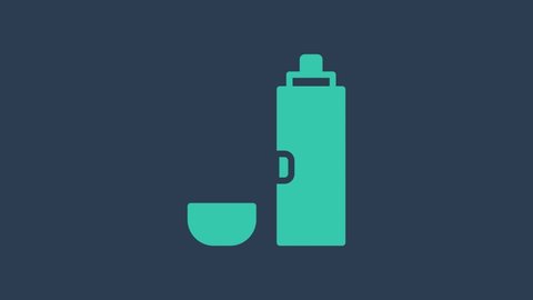Turquoise Thermos container icon isolated on blue background. Thermo flask icon. Camping and hiking equipment. 4K Video motion graphic animation.