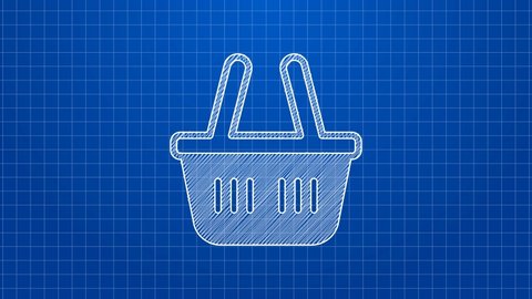 White line Shopping basket icon isolated on blue background. Online buying concept. Delivery service sign. Shopping cart symbol. 4K Video motion graphic animation.