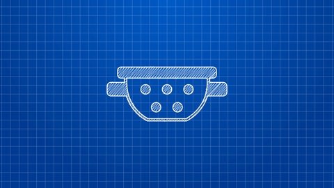 White line Kitchen colander icon isolated on blue background. Cooking utensil. Cutlery sign. 4K Video motion graphic animation.