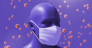 Animation of virus cells and numbers and human with face mask and data processing. medical and healthcare services during coronavirus covid 19 pandemic concept digitally generated video.