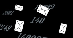 Animation of envelope email icons floating and changing numbers on black background. global online social media, connection and communication concept digitally generated video.