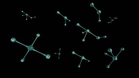 Animation of molecules and green shapes on black background. global science and medicine concept digitally generated video.