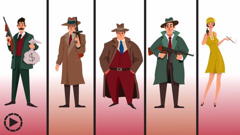 Video Animation Mafia (collection of five characters) members of criminal gangs, a gang from the days of Prohibition (1920-30), armed and dangerous    - Looped Video (6s)   