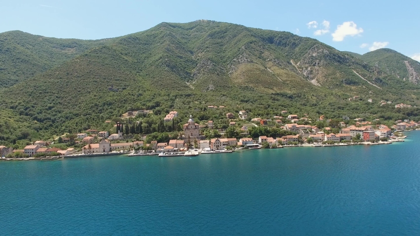 aerial view of the town of Prcanj in the Bay of Kotor