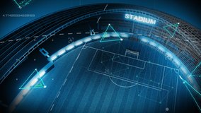 Animation of triangles and data over sport stadium. global sports, competition and technology concept digitally generated video.