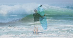 Animation of double exposure of surfing people. sports, free time, active leisure time concept digitally generated video.