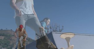Animation of double exposure of skating people. sports, free time, active leisure time concept digitally generated video.