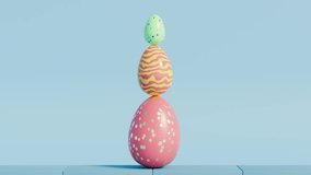 Looped satisfying video of colourful Easter eggs rolling and balancing on blue background. 3d render CGI spring animation
