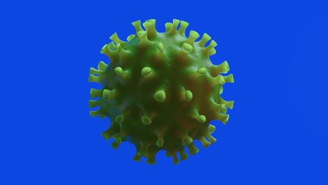 Rotating Virus isolated on blue background for key color effect. Looped footage in High Definition 4K with Coronavirus on transparent background.