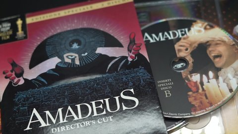 Rome, Italy - February 10, 2022, detail of the cover and DVDs of the famous film Amadeus director's cut, 1984 film directed by Miloš Forman.