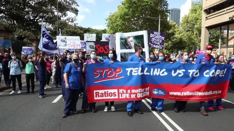 Sydney, NSW, Australia - February 15th, 2022: NSW nurses strike in defiance of Industrial Relations Commission ruling. They marched from Queen’s Square to the NSW Parliament building on Macquarie St.