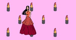 Animation of lipsticks over female model in dress on pink background. fashion, beauty and lifestyle concept digitally generated video.